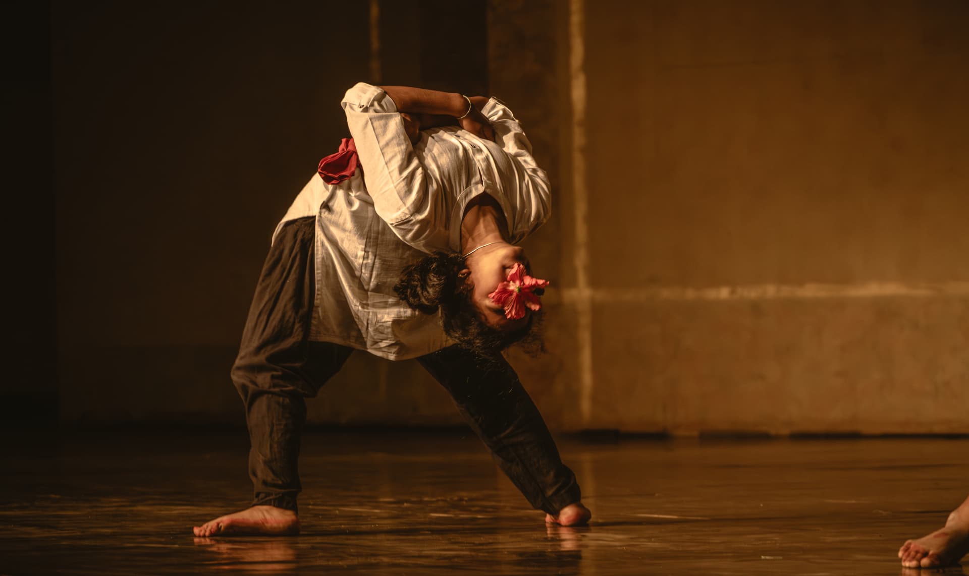 Dance performance with a pink hibiscus flower
